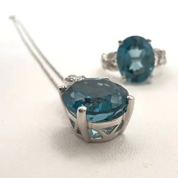 John C Rinker Blue Topaz 18K White Gold Pendant Necklace and Ring w Diamonds